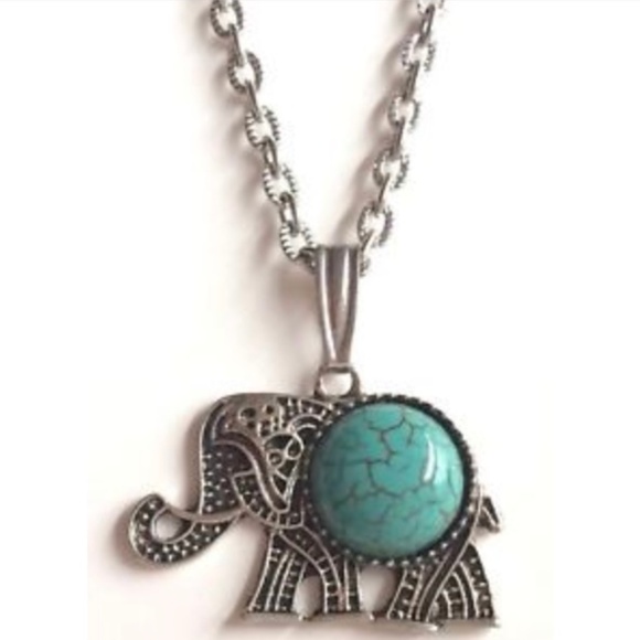 Vintage Turquoise Stone Elephant Necklace 24" X-Long Trunk Up Tribal Silver Tone - Picture 1 of 8